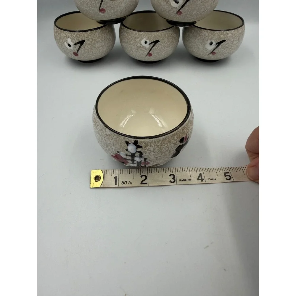 Set of 6 Hand Painted Ceramic Tea Cups Oatmeal Speckled Floral Asian Teaware